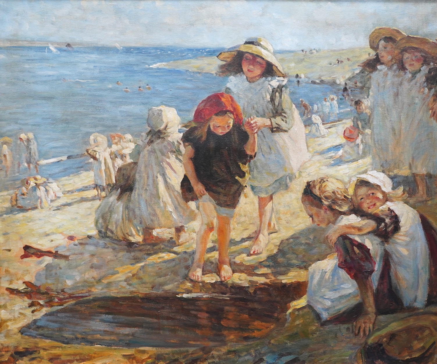 After Dame Laura Knight (1877-1970), oil on canvas, ‘On the Beach’, 49 x 60cm, ornate gilt framed
